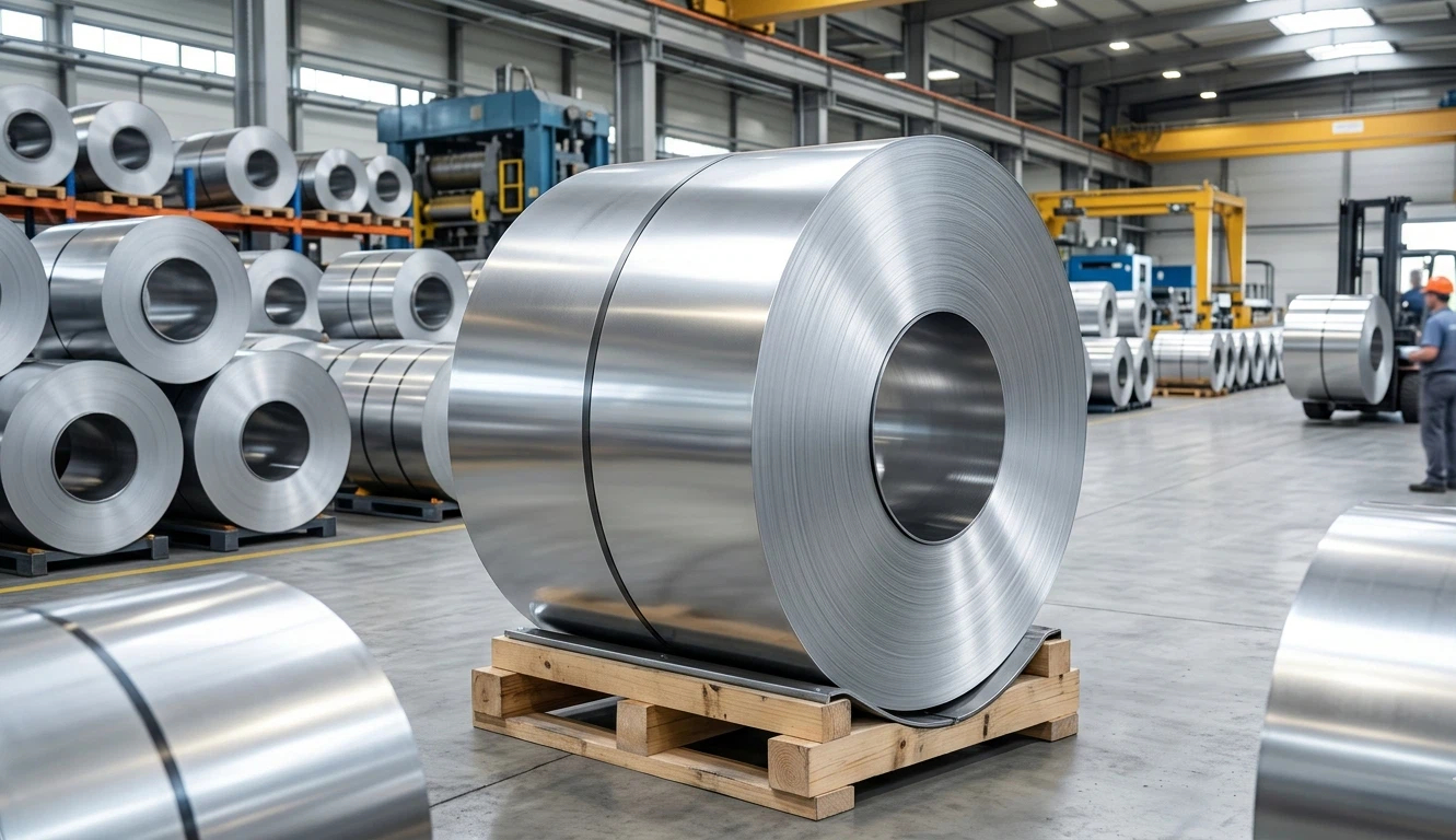 A detailed, hyper-realistic photorealistic diagram of tightly wound cold rolled steel coils (CRC) with a smooth mirror-like finish, resting on sturdy wooden dunnage in a modern industrial stockyard. No text or logos are present.