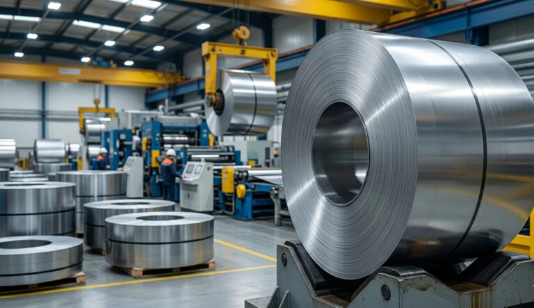 A massive, high-precision Cold-rolled Steel Coil with a mirror-smooth surface in a modern automated factory. The CRC coil is placed on a heavy-duty pallet, ready for automotive and home appliance manufacturing.
