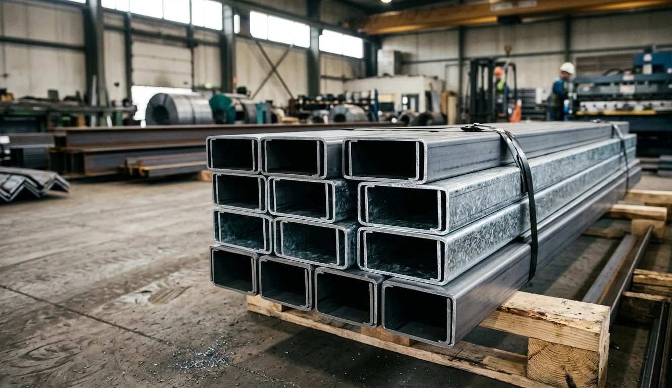 Professional close-up of cold-formed C shaped steel sections stacked on pallets in a fabrication facility, showing uniform wall thickness and galvanized surface.