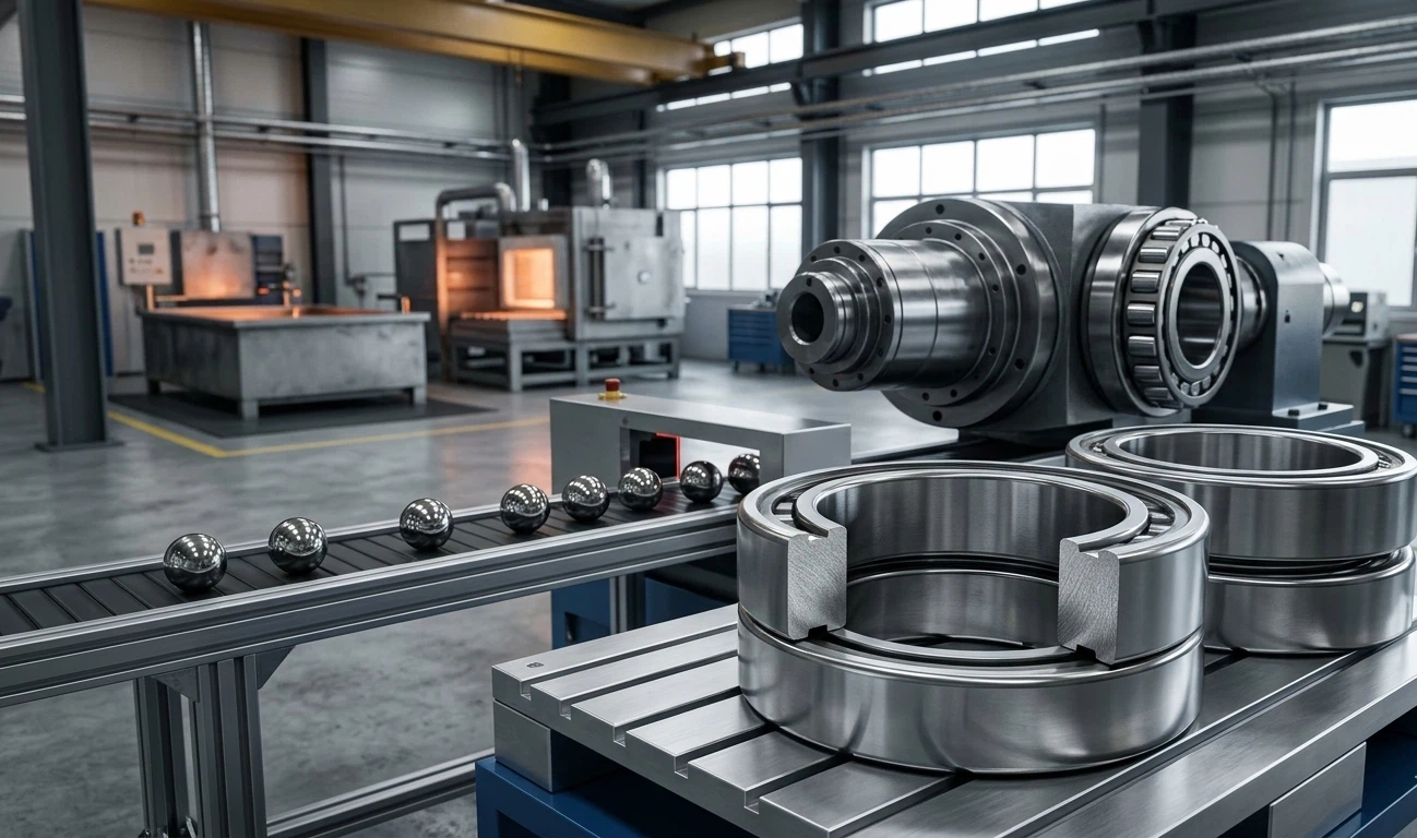 Industrial production of GCr15 bearing steel including precision steel balls, bearing rings with uniform microstructure, and heat treatment furnace in a professional metallurgical facility.