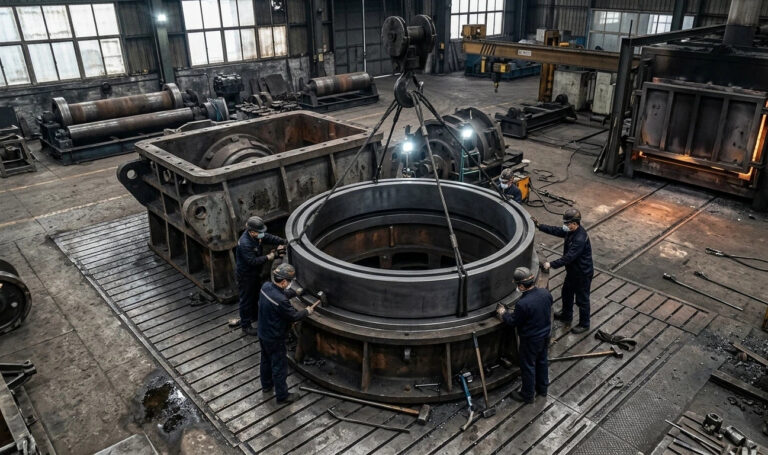 Installation of a large-diameter GCr15SiMn bearing ring in a heavy-duty industrial housing, highlighting its exceptional hardenability and load capacity for mining and milling machinery.
