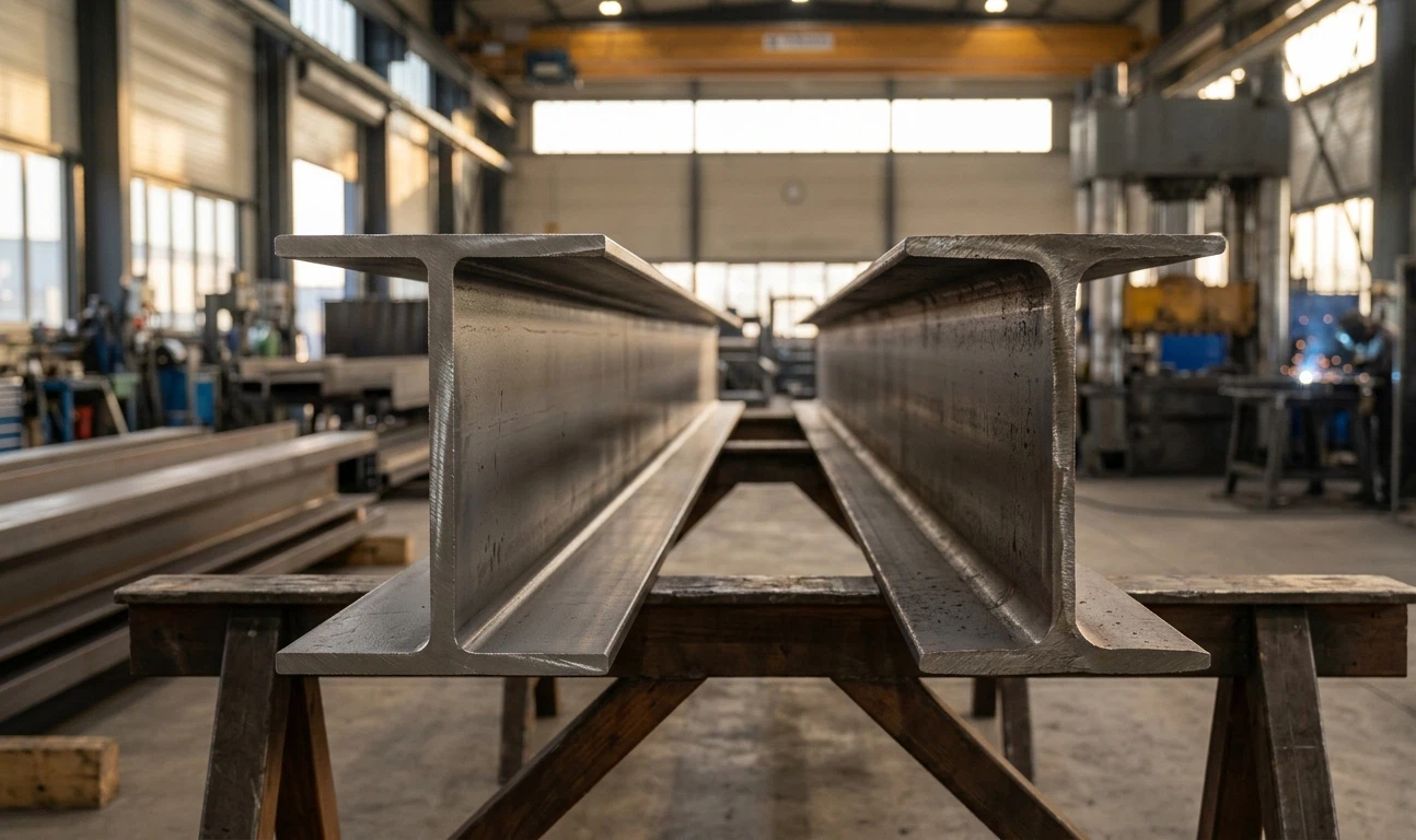 A detailed, hyper-realistic photorealistic shot captured from eye level inside a modern steel fabrication shop. Two massive steel beams rest on sawhorses. On the left is a wide-flange H-beam with parallel flanges and sharp 90-degree corners. On the right is a traditional S-shape I-beam with visibly tapered narrow flanges and rounded transitions. Both are clean and free of text or labels, emphasizing the geometric differences discussed in the article. Industrial background is blurred.