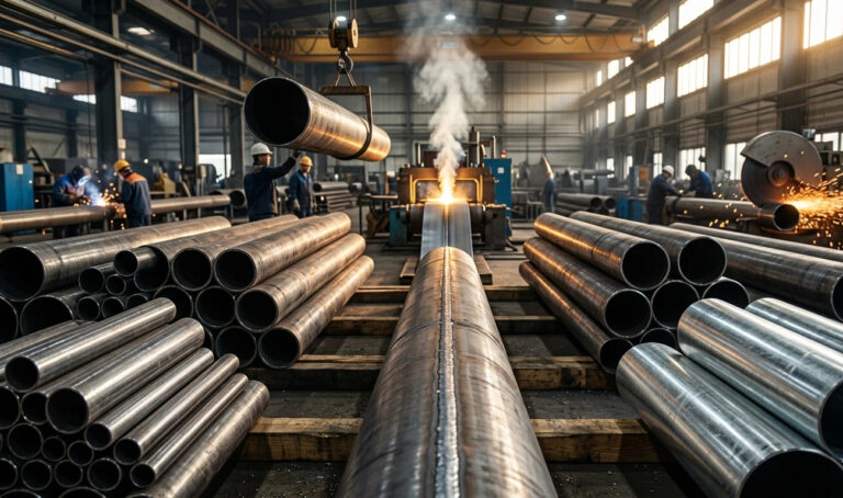 A professional industrial scene showing the manufacturing of welded pipe through high-frequency induction welding, with stacks of steel tubes and factory workers in a minimalist overseas style workshop.