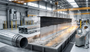 A massive Q235B structural steel girder is submerged in a hot-dip galvanizing zinc bath for long-term corrosion protection in a modern industrial facility.