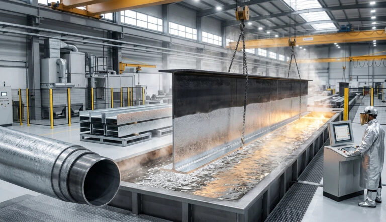 A massive Q235B structural steel girder is submerged in a hot-dip galvanizing zinc bath for long-term corrosion protection in a modern industrial facility.