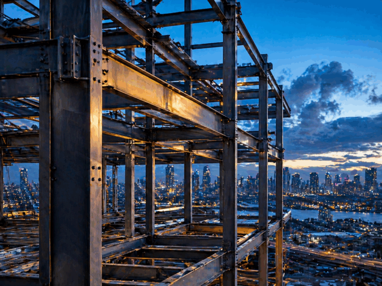 A high-rise building's structural steel frame showcasing the integration of H-beams and technical load-bearing joints in a modern construction site.