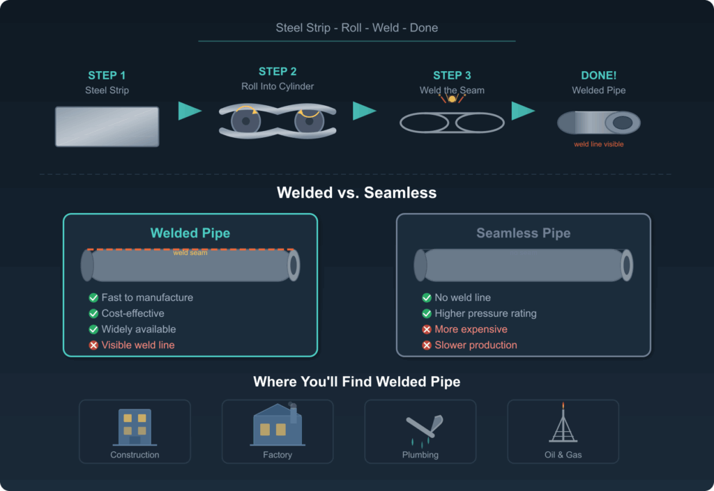 Infographic showing the welded pipe manufacturing process in four steps: steel strip, rolling into a cylinder, welding the seam, and finished pipe; includes a comparison between welded and seamless pipes and common application scenarios.