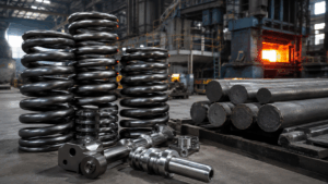 60Si2Mn spring steel coil springs and round bars in a forging workshop