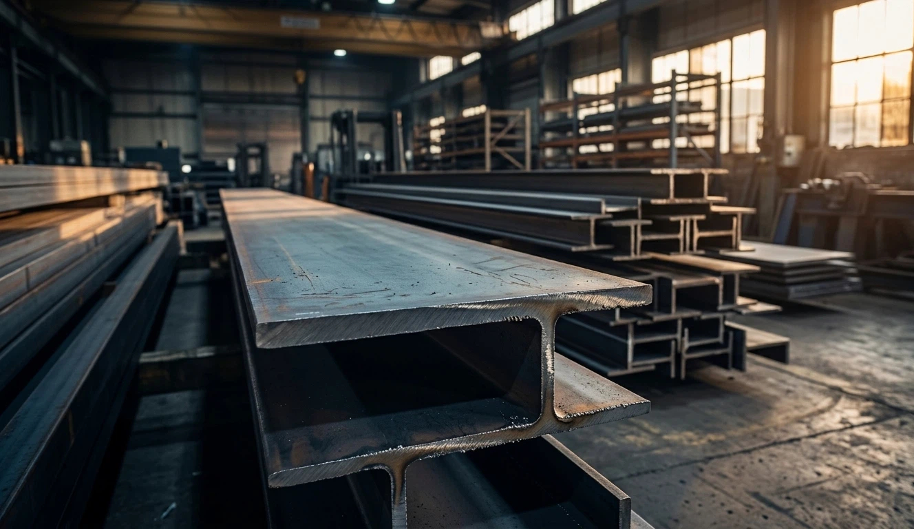 Stack of ASTM A36 structural steel I-beams in a factory warehouse, representing the core A36 steel mechanical properties used in construction.