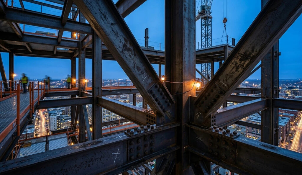 Close-up of bolted connections on massive A36 I-beams in a skyscraper structural steel skeleton during construction, highlighting the mill-scale texture and structural integrity.