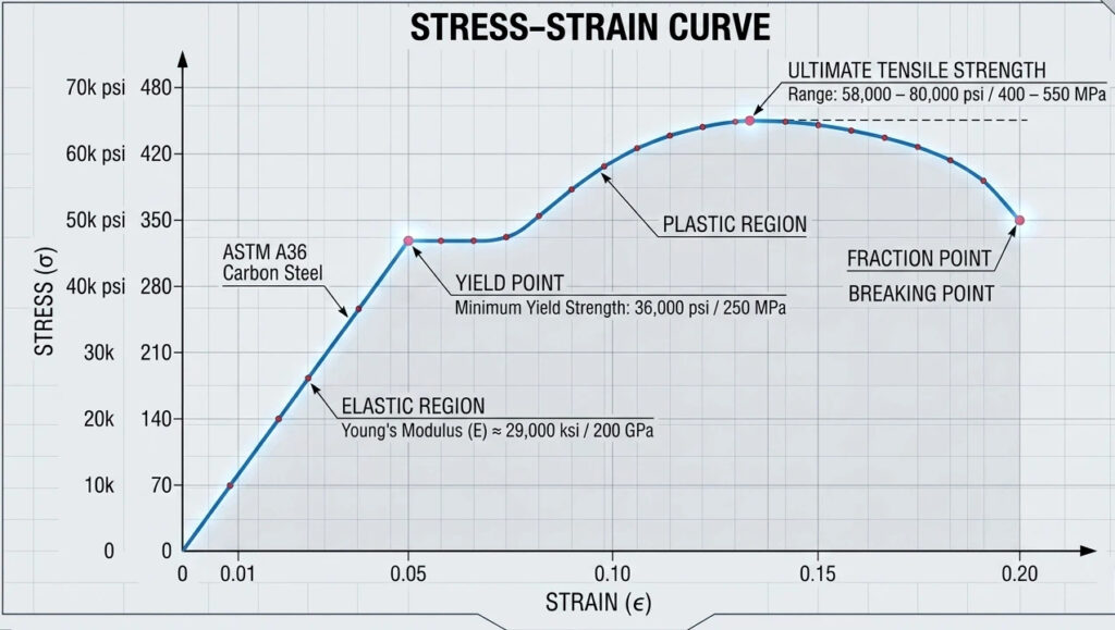 Engineering stress-strain curve diagram for ASTM A36 carbon steel showing yield strength at 250 MPa, tensile strength range of 400-550 MPa, and the elastic modulus region.