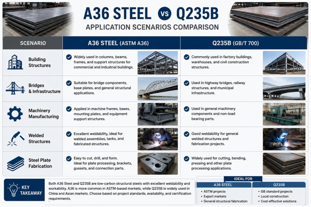 A36 Steel vs Q235B comparison chart showing mechanical properties, weldability, and structural applications