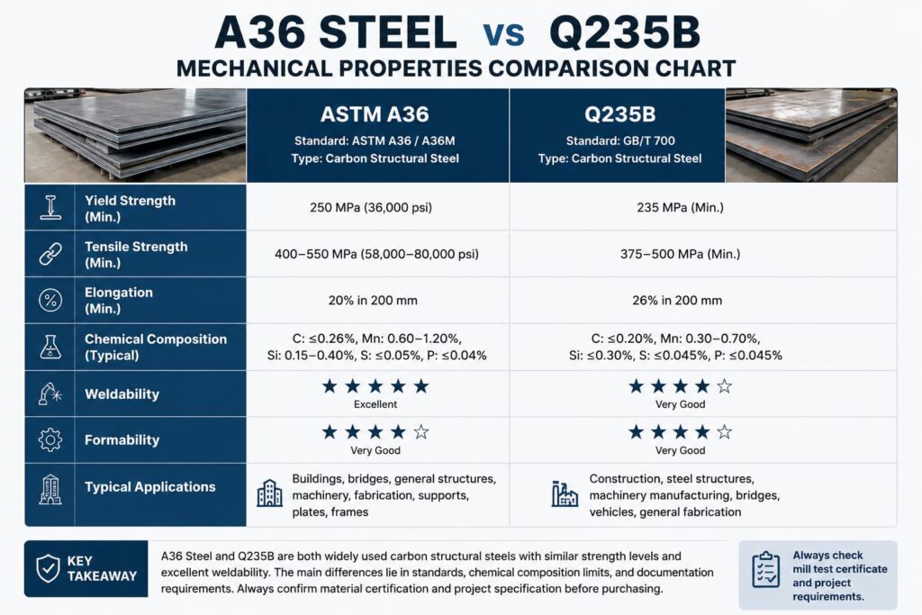 A36 Steel vs Q235B mechanical properties comparison chart showing strength, weldability, composition, and applications