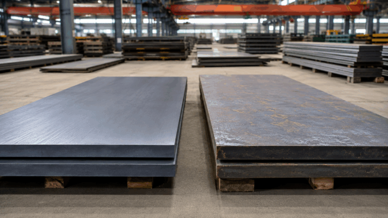 A36 Steel vs Q235B structural steel plates in an industrial warehouse