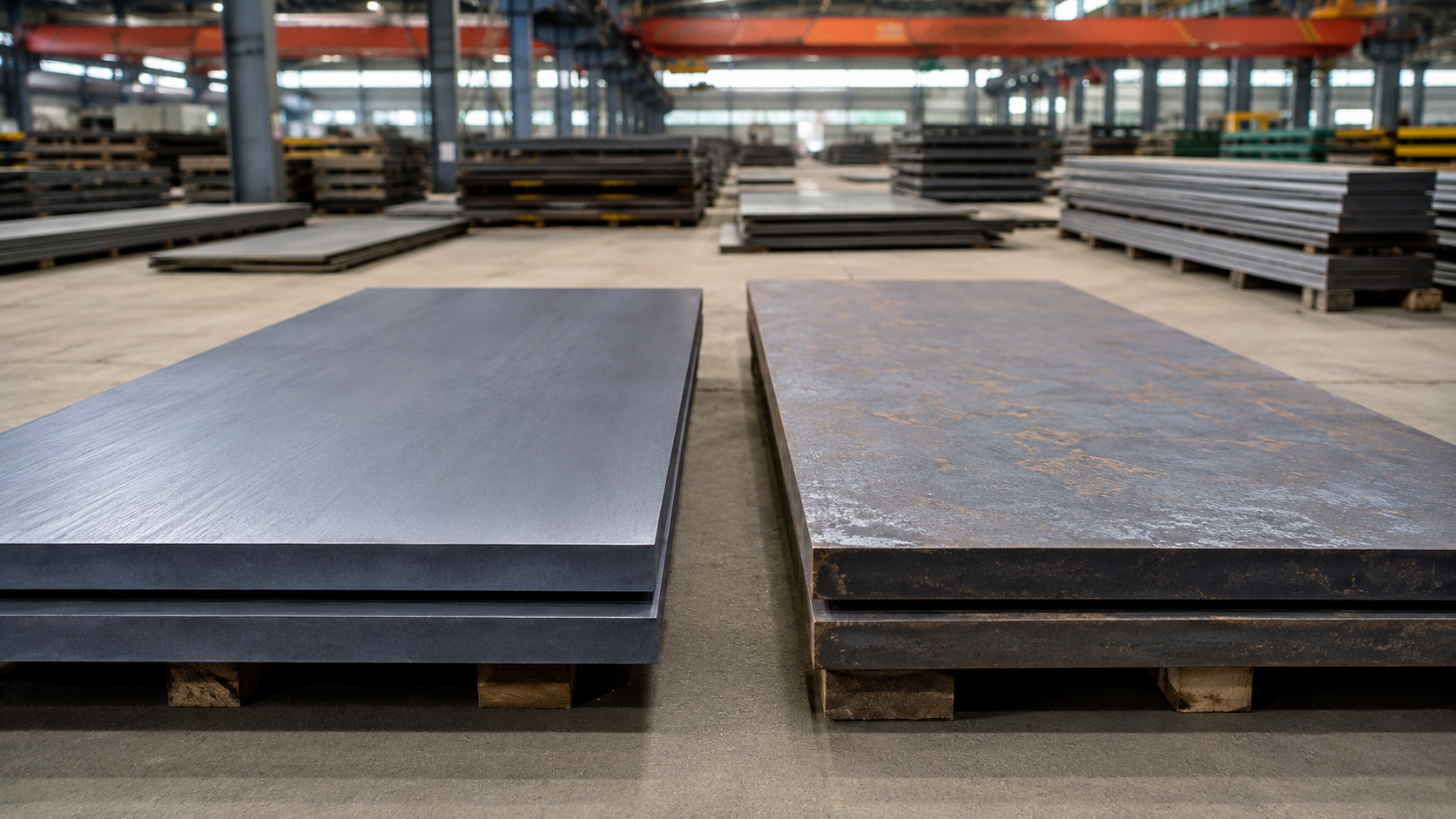 A36 Steel vs Q235B structural steel plates in an industrial warehouse