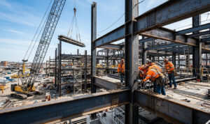 Ironworkers installing massive ASTM A36 structural steel I-beams on a commercial building framework, with an industrial crawler crane lifting steel profiles under a clear blue sky.