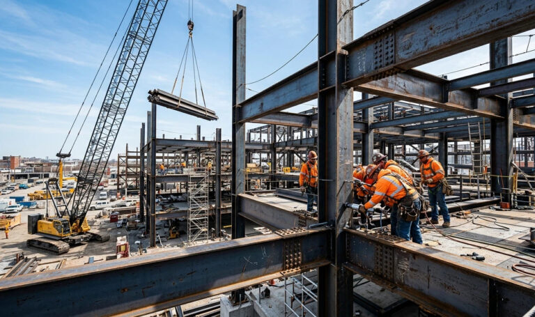 Ironworkers installing massive ASTM A36 structural steel I-beams on a commercial building framework, with an industrial crawler crane lifting steel profiles under a clear blue sky.