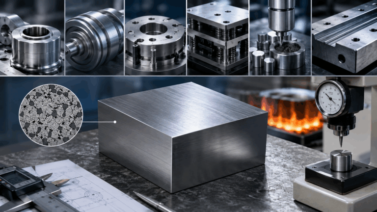 D3 Tool Steel cover image showing steel block, tooling applications, heat treatment, hardness testing, and carbide microstructure