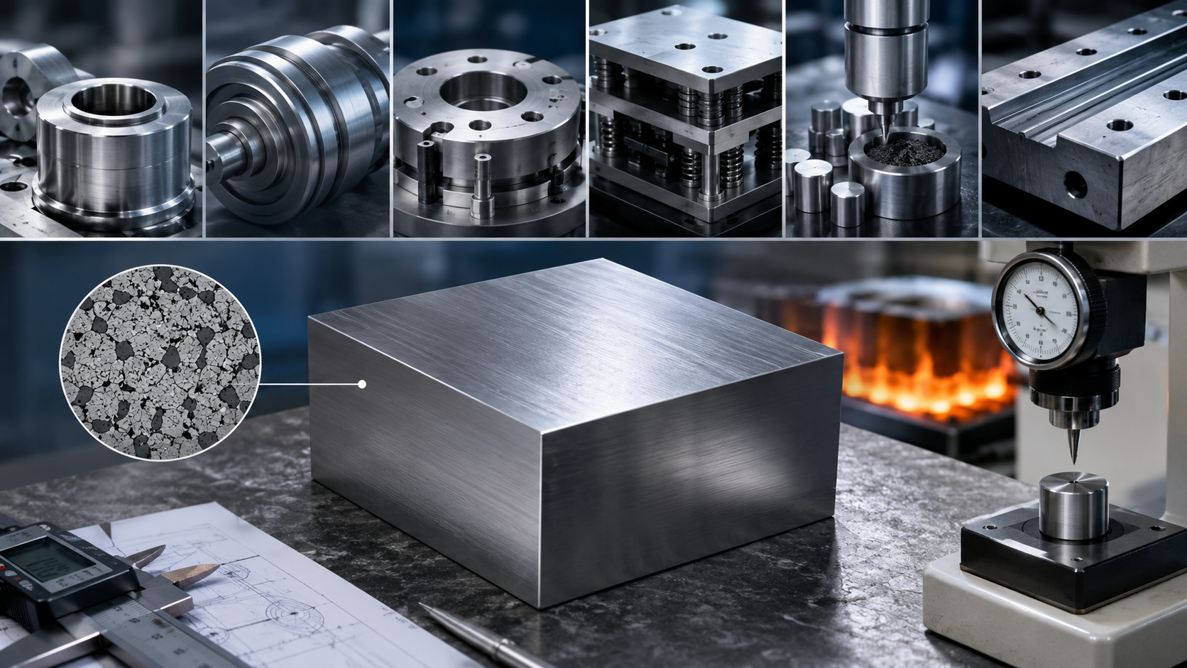 D3 Tool Steel cover image showing steel block, tooling applications, heat treatment, hardness testing, and carbide microstructure