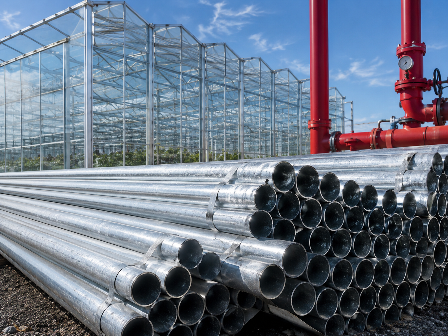 Galvanized steel pipes used in greenhouse structures and industrial fire protection systems