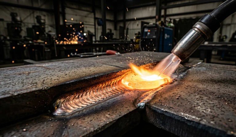 Macro view of a professional MIG weld pool on an A36 steel plate, showing consistent bead ripples, stack of dimes texture, and optimal gas shielding for structural integrity.