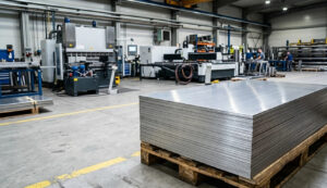 A professional stack of SS 304 stainless steel sheets with a brushed finish on a wooden pallet inside a modern metal fabrication factory.