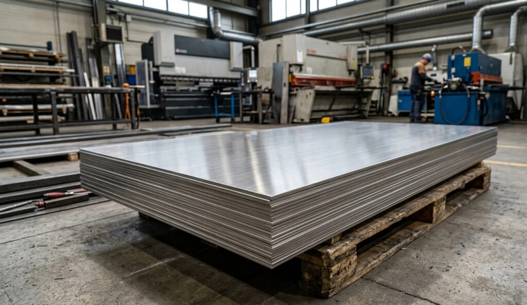 A stack of high-quality SS 304 stainless steel sheets on a wooden pallet in a professional industrial manufacturing facility.