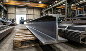 A large inventory of T-section steel profiles stacked on wooden pallets in a professional metal fabrication warehouse, featuring hot-rolled T-bars for structural construction.