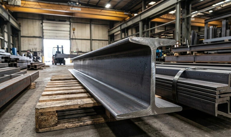 A large inventory of T-section steel profiles stacked on wooden pallets in a professional metal fabrication warehouse, featuring hot-rolled T-bars for structural construction.