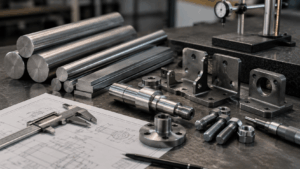 Industrial workshop scene showing 1018 steel round bars, flat bars, machined shafts, bolts, brackets, and fixtures in a clean engineering inspection setting, emphasizing 1018 steel properties, machinability, and structural applications