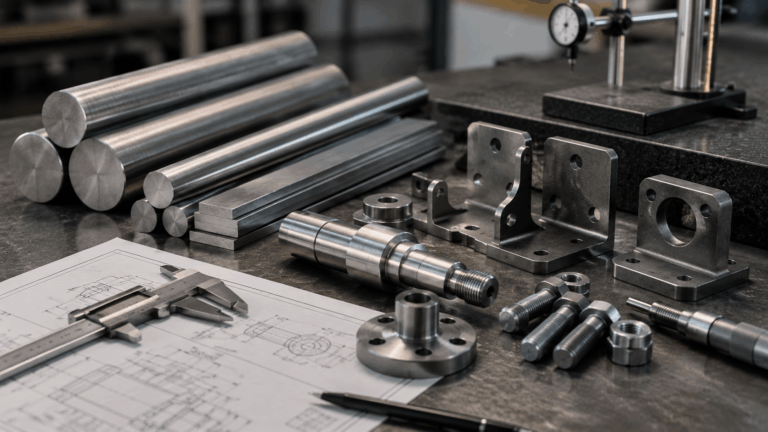 Industrial workshop scene showing 1018 steel round bars, flat bars, machined shafts, bolts, brackets, and fixtures in a clean engineering inspection setting, emphasizing 1018 steel properties, machinability, and structural applications