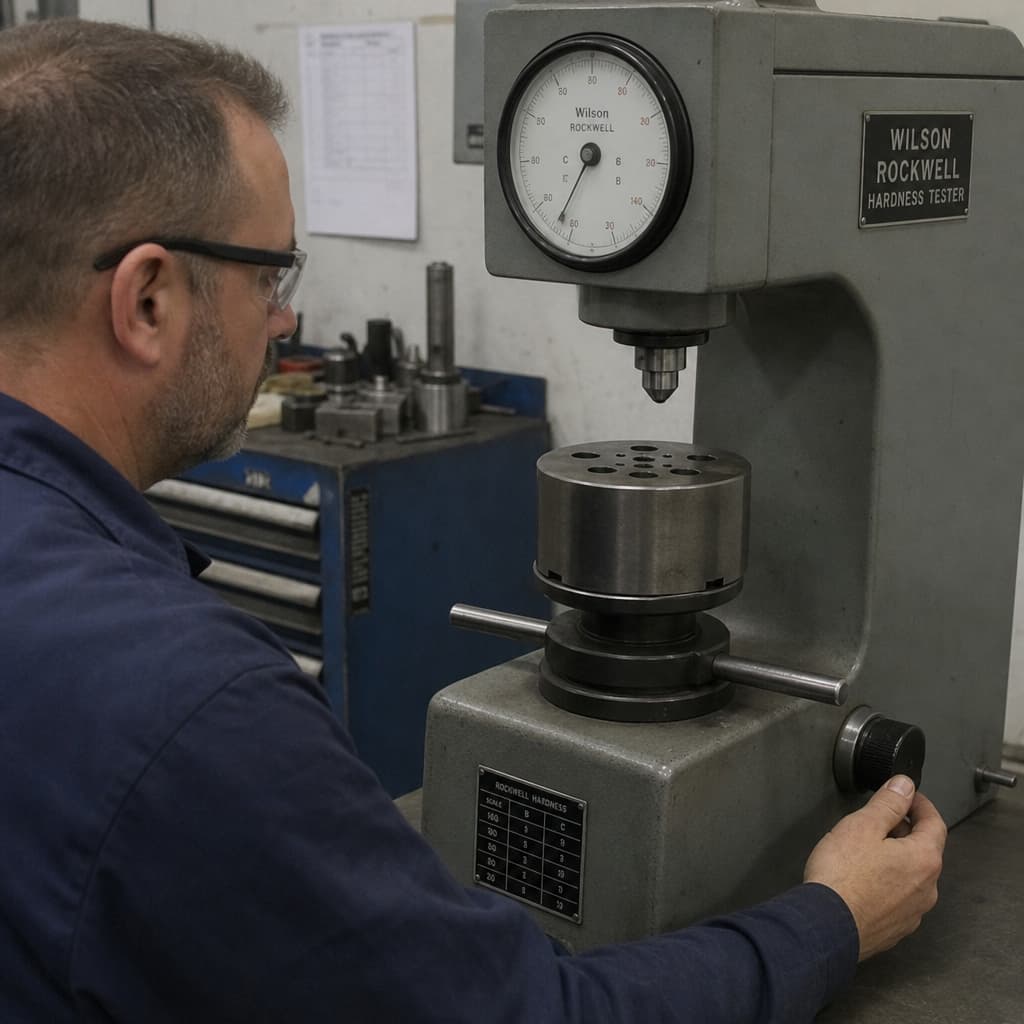 A quality control technician conducting a Rockwell hardness test on a machined 1018 carbon steel component using a Wilson Rockwell Hardness Tester in a workshop.