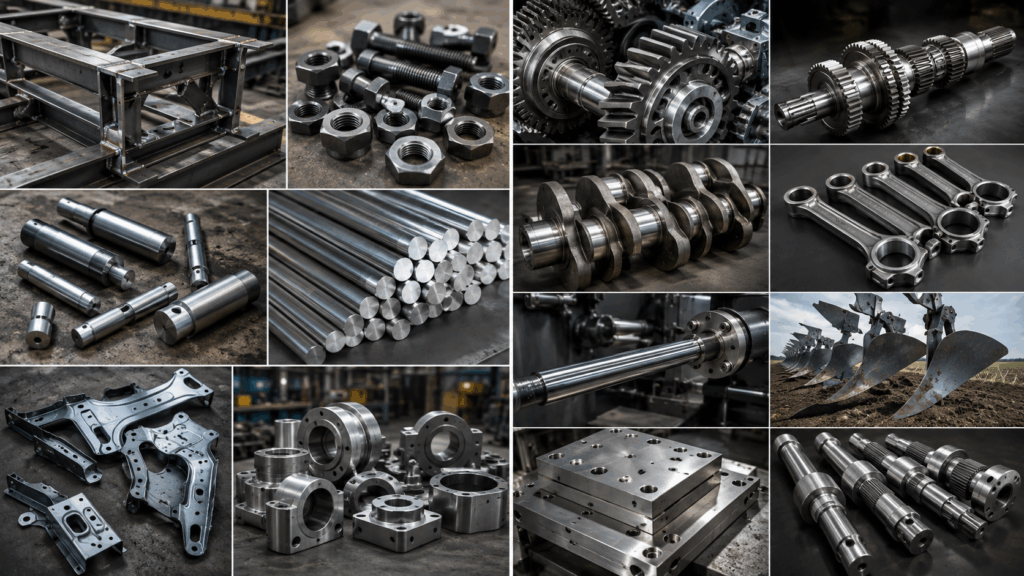 1018 vs 1045 forged carbon steel applications showing welded structures, bolts, pins, bright bars, automotive brackets, gears, shafts, crankshafts, piston rods, agricultural tools, and mold plates