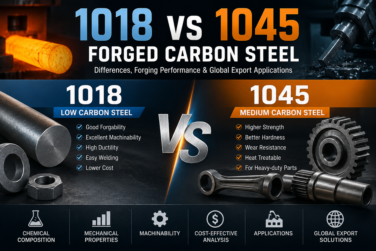 1018 vs 1045 forged carbon steel comparison showing low carbon steel, medium carbon steel, machinability, strength, hardness, cost, applications, and global export uses