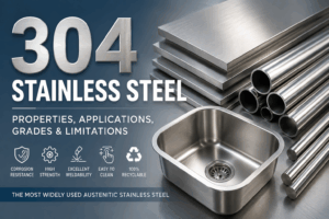 Technical infographic showing properties and applications of 304 stainless steel, including corrosion resistance, weldability, and common industrial steel products like sheets, pipes, and sinks.