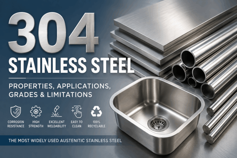 Technical infographic showing properties and applications of 304 stainless steel, including corrosion resistance, weldability, and common industrial steel products like sheets, pipes, and sinks.