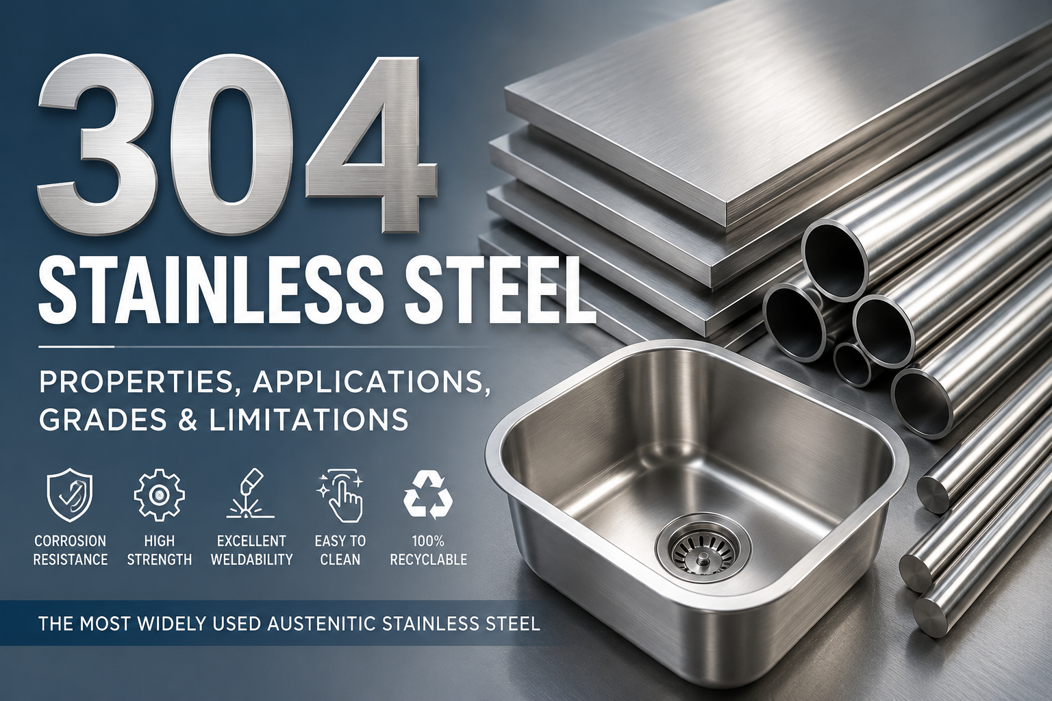 Technical infographic showing properties and applications of 304 stainless steel, including corrosion resistance, weldability, and common industrial steel products like sheets, pipes, and sinks.