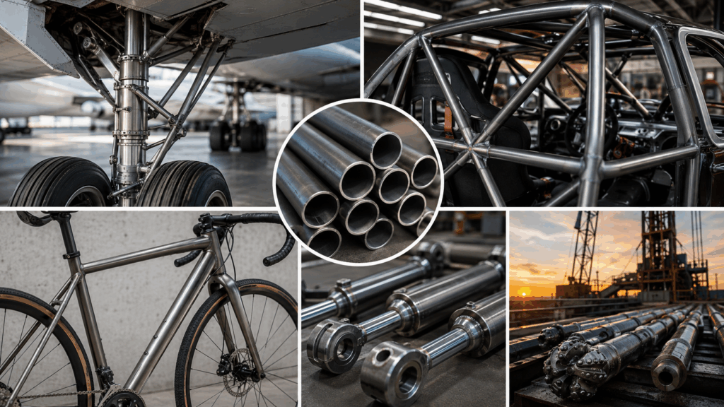 Collage showing common 4130 steel applications including aircraft tubing, racing roll cages, bicycle frames, hydraulic cylinders, and oilfield drilling tools.