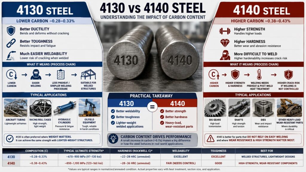 4130 vs 4140 steel comparison showing how carbon content affects weldability, toughness, strength, hardness, heat treatment, and forged round bar applications