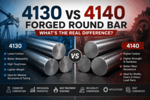 4130 vs 4140 forged round bar comparison showing carbon content, weldability, toughness, strength, hardness, heat treatment response, applications, and cost difference