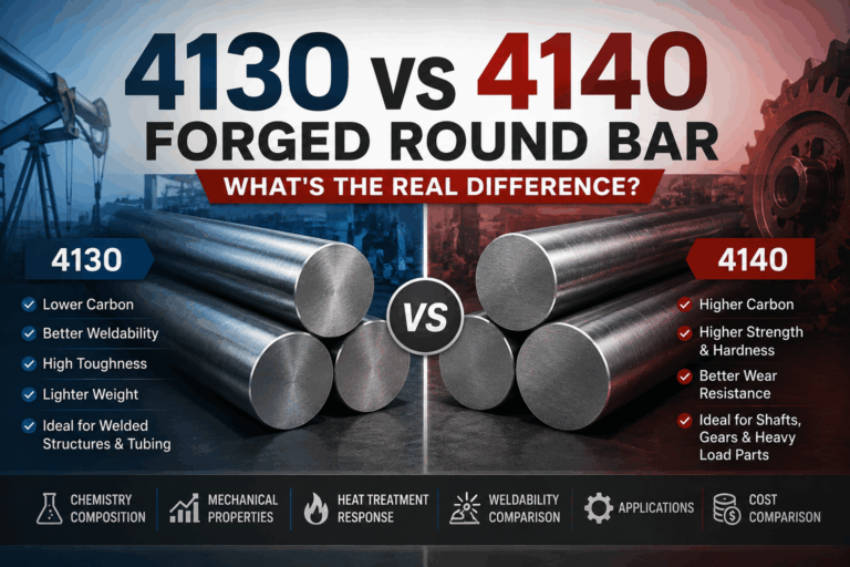4130 vs 4140 forged round bar comparison showing carbon content, weldability, toughness, strength, hardness, heat treatment response, applications, and cost difference