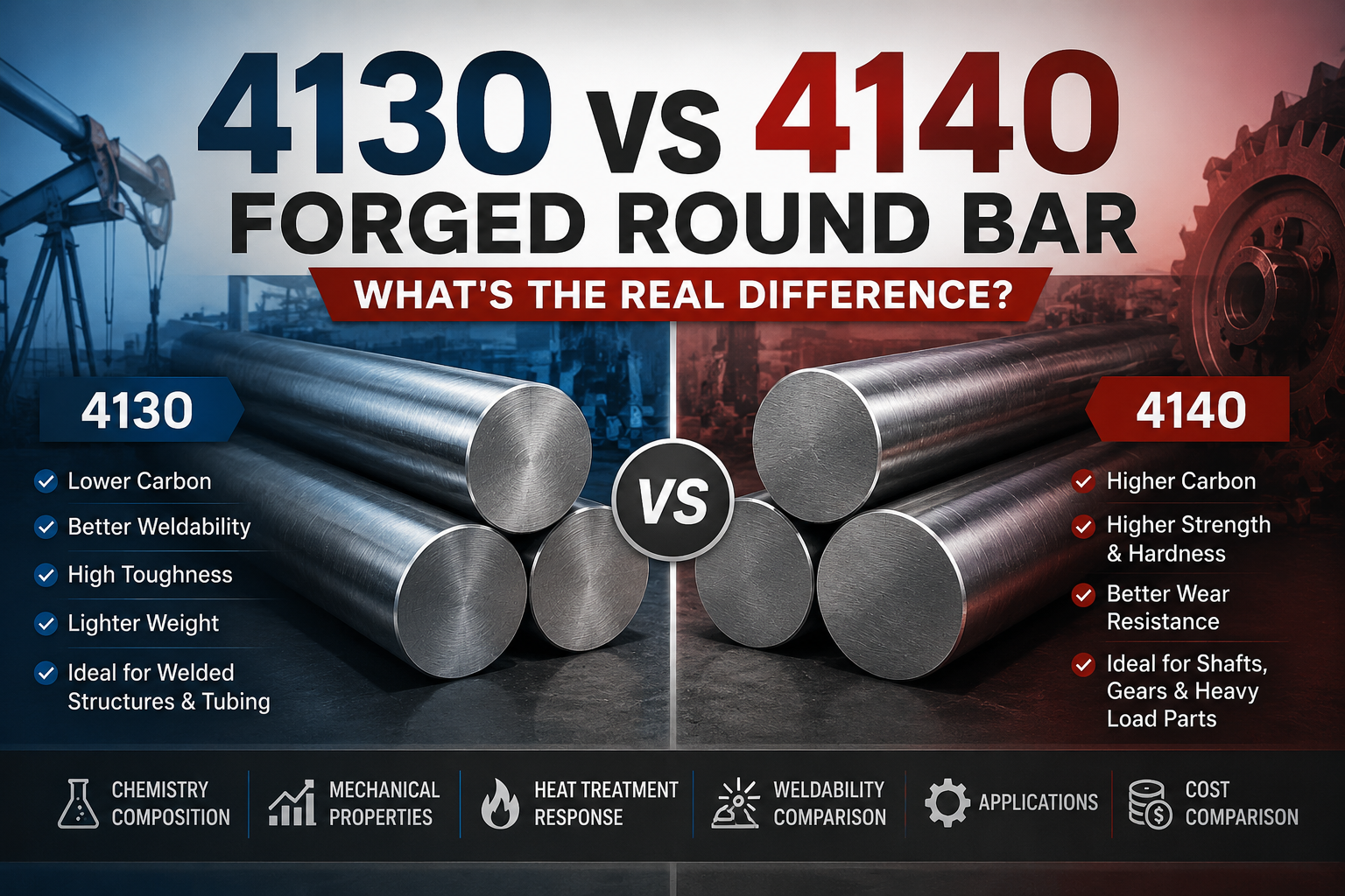 4130 vs 4140 forged round bar comparison showing carbon content, weldability, toughness, strength, hardness, heat treatment response, applications, and cost difference