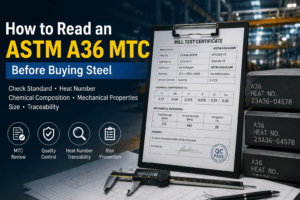 ASTM A36 MTC review with heat number, chemical composition, and mechanical properties