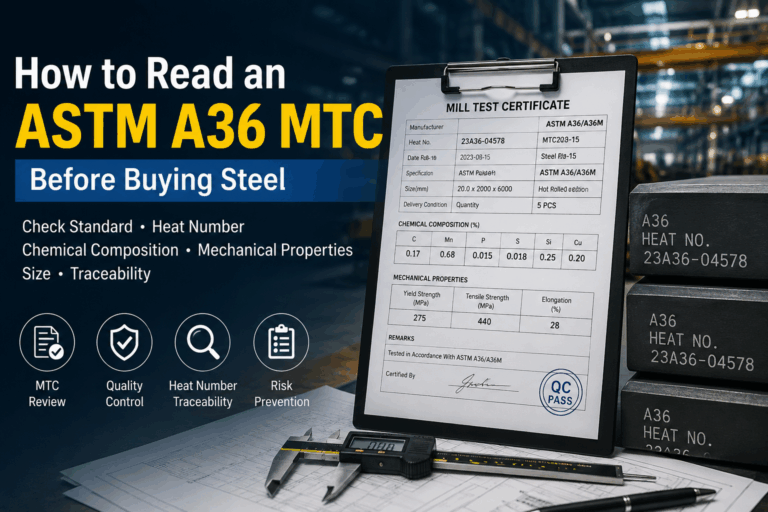 ASTM A36 MTC review with heat number, chemical composition, and mechanical properties