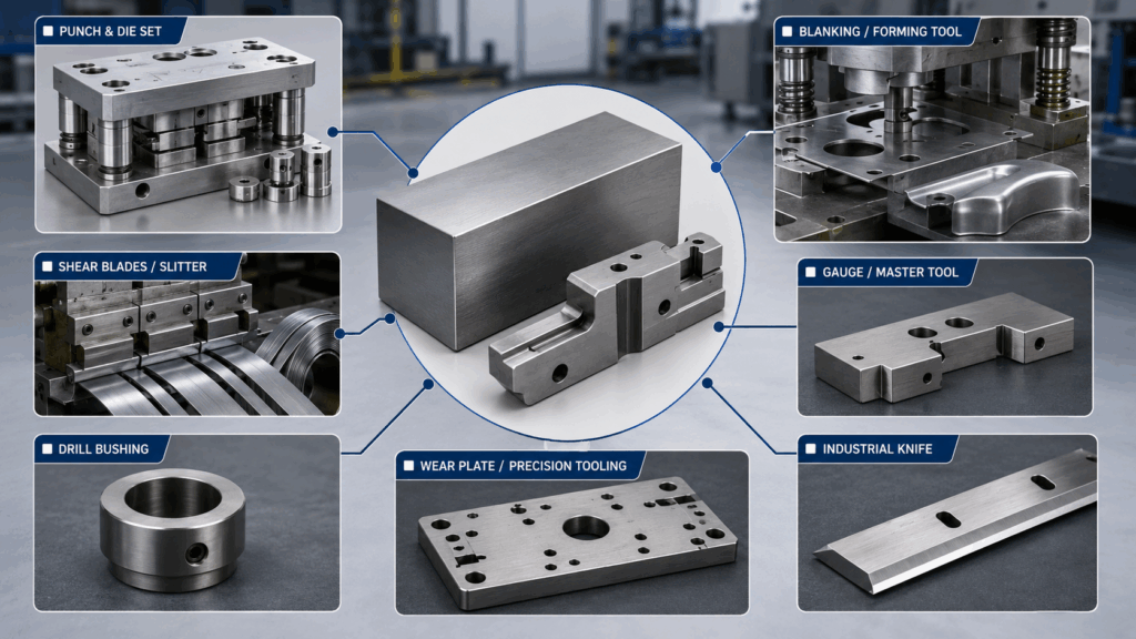 A2 tool steel applications showing punches and dies, blanking tools, shear blades, drill bushings, gauges, industrial knives, and precision tooling