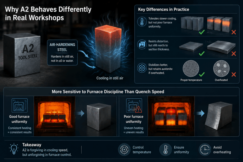 A2 tool steel heat treatment air hardening behavior showing furnace control, cooling stability, and distortion risk differences in industrial processing