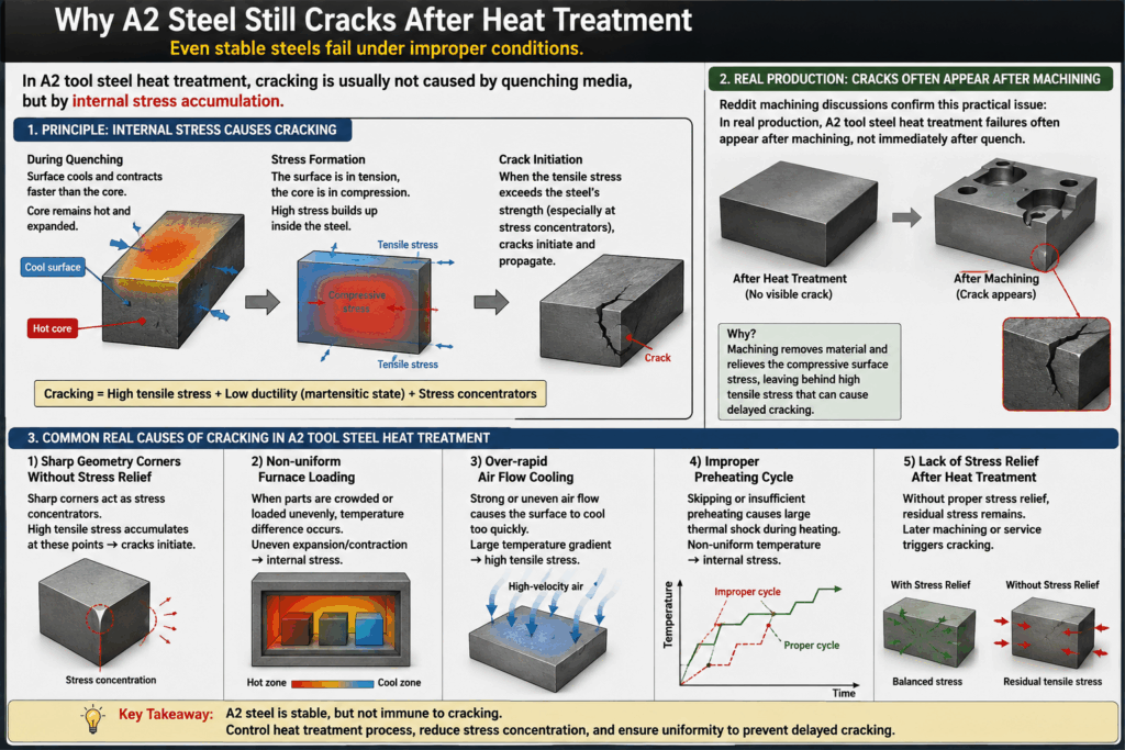 A2 Tool Steel Heat Treatment Cracking Mechanism and Stress Analysis Diagram