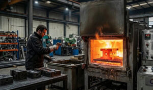 Industrial operator measuring the temperature of a glowing red A2 tool steel block inside a heat treatment furnace.