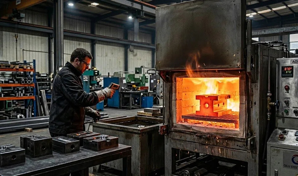 Industrial operator measuring the temperature of a glowing red A2 tool steel block inside a heat treatment furnace.