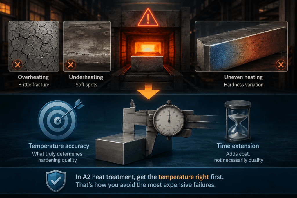 Infographic showing common A2 tool steel heat treatment hardening temperature mistakes including overheating, underheating, and uneven heating, and explains why temperature accuracy is more important than time extension.